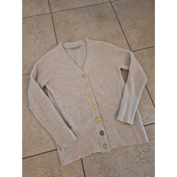 Heartbreaker 100% Cashmere Ribbed Cardigan Beige Gold Anchors Buttons - Small - Picture 4 of 10